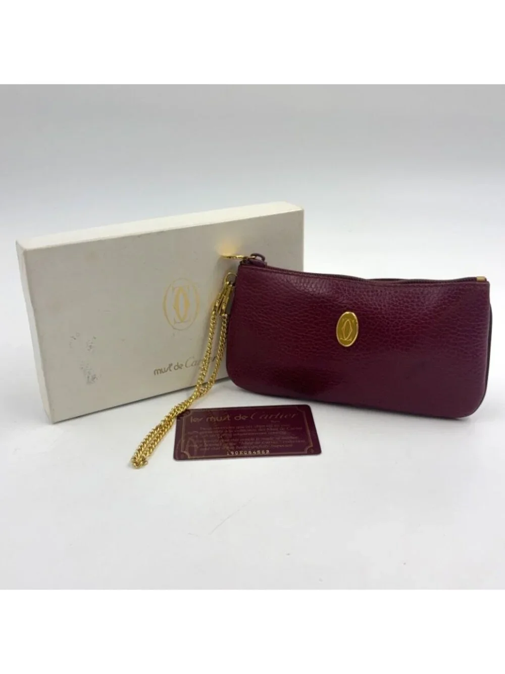 Cartier Must Oval Logo Chain Mini Pouch Leather Bordeaux Gold